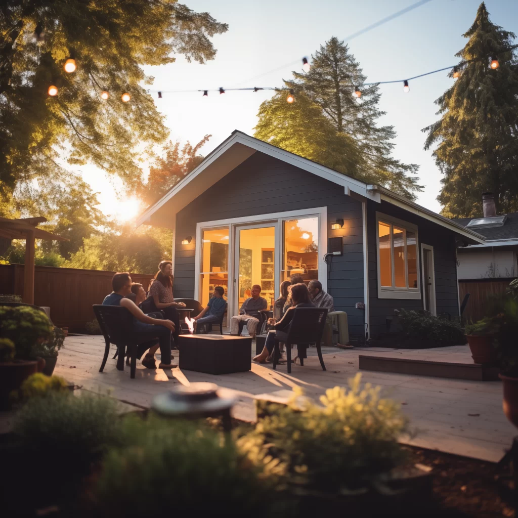 Family and friends hanging out with a backyard home or accessory dwelling unit (ADU) in view having dinner for thanksgiving