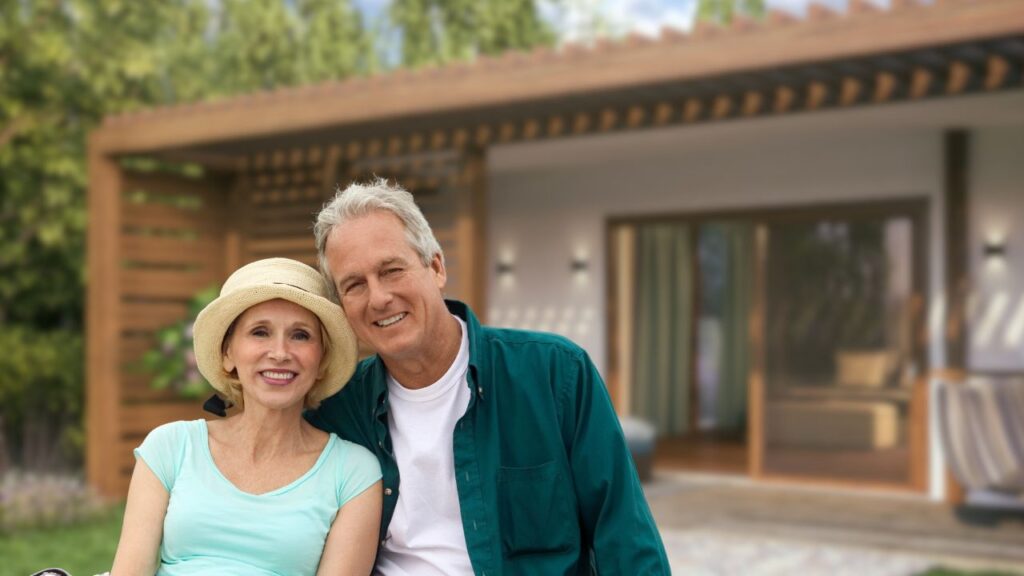 Elderly parents in front of an accessory dwelling unit which is affordable or accessible housing for older adults is being created in the U.S.