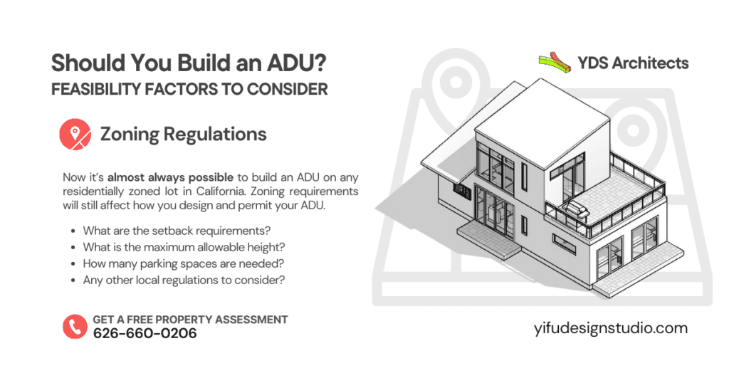 Zoning Regulations: Is your property zoned for ADUs? What are the setback requirements? What is the maximum allowable height? How many parking spaces are needed? Are there any easements that restrict building? Any other local regulations to consider? ADU