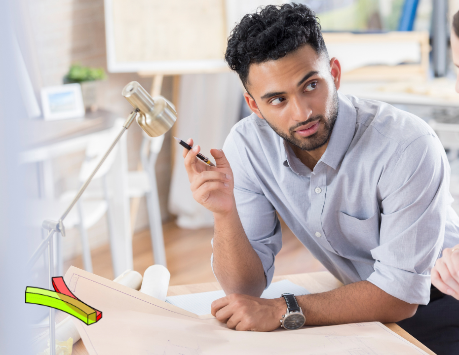 An architect gestures and discusses plans with a homeowner in a sunny Southern California backyard, likely the site of a future accessory dwelling unit.
