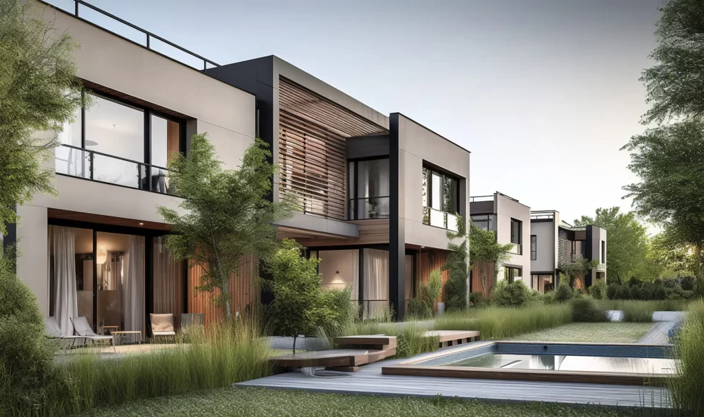 Large modern contemporary house featuring a garden and swimming pool in a residential setting.