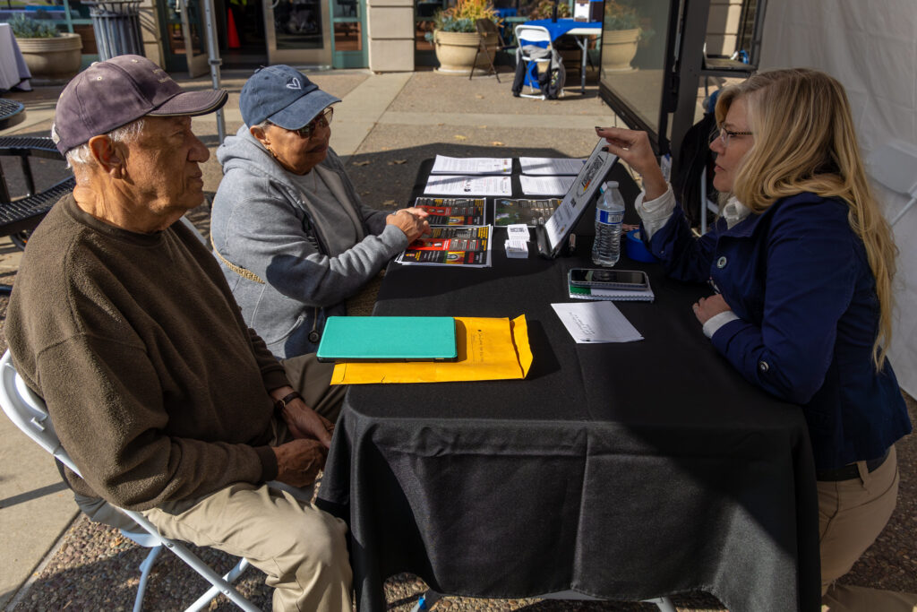 Disaster Recovery Center - Pasadena Pasadena, CA, January 18, 2025 : Upton Woodyard and Julie Woodyard, evacuated due to the Eaton Fire in Altadena, are seeking help and information about the lifting of evacuation orders from Cal fire information officer Patricia Austin. FEMA established a Disaster Recovery Center at Pasadena City College Community Education Center in Pasadena, CA, Saturday, January 18, 2025. (Irfan Khan / Irfan Khan)