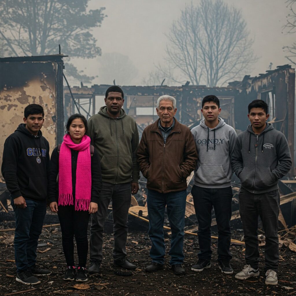 Post-fire housing solutions: A group of diverse individuals stand in front of the charred remains of their home after a fire, their hopeful expressions highlighting the need for temporary housing, rentals, and community support.