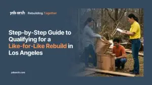 Individuals working together on a reconstruction project in Los Angeles, sorting materials and discussing plans.