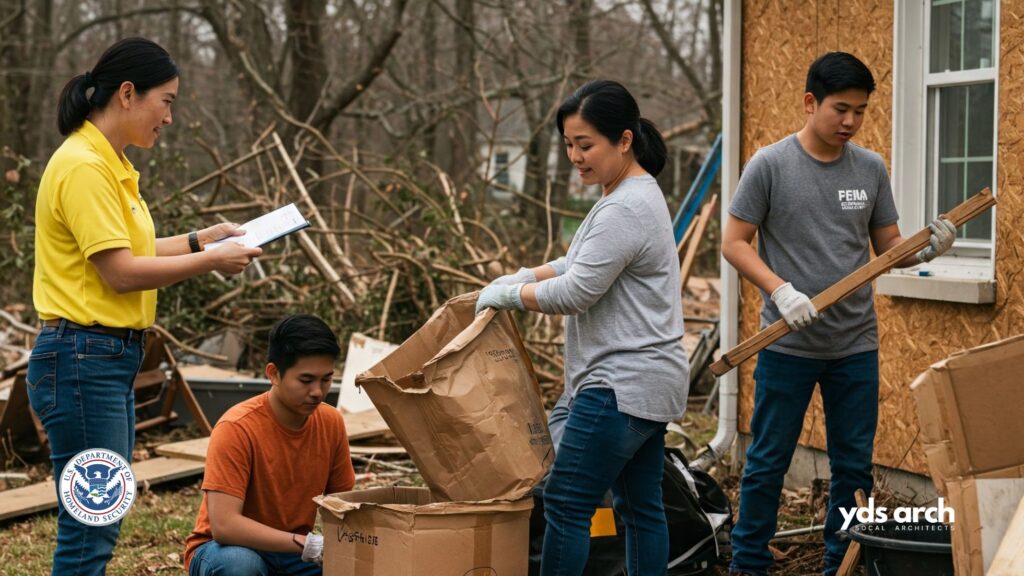 A family affected by [disaster type] works alongside FEMA representatives to rebuild their damaged home, showcasing the collaborative effort in disaster recovery and the hope for a return to normalcy after the Los Angeles Wildfires in Eaton