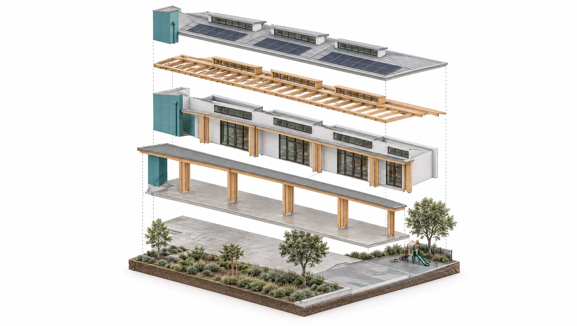 Exploded axonometric of the classroom wing, roof to play yard