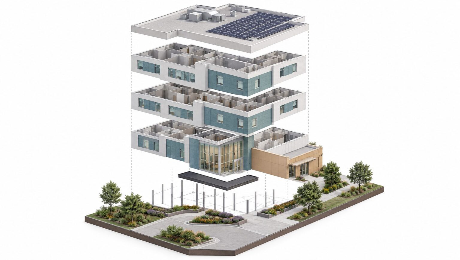 Exploded axonometric of Foothill Community Hospital
