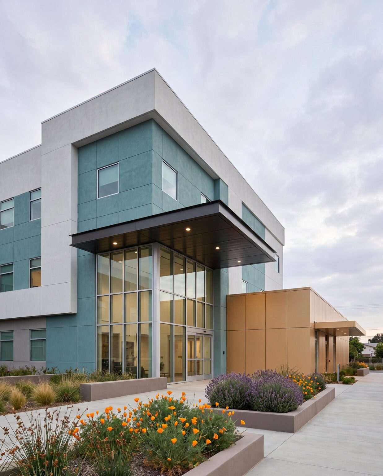 Foothill Community Hospital entry canopy and glazed lobby