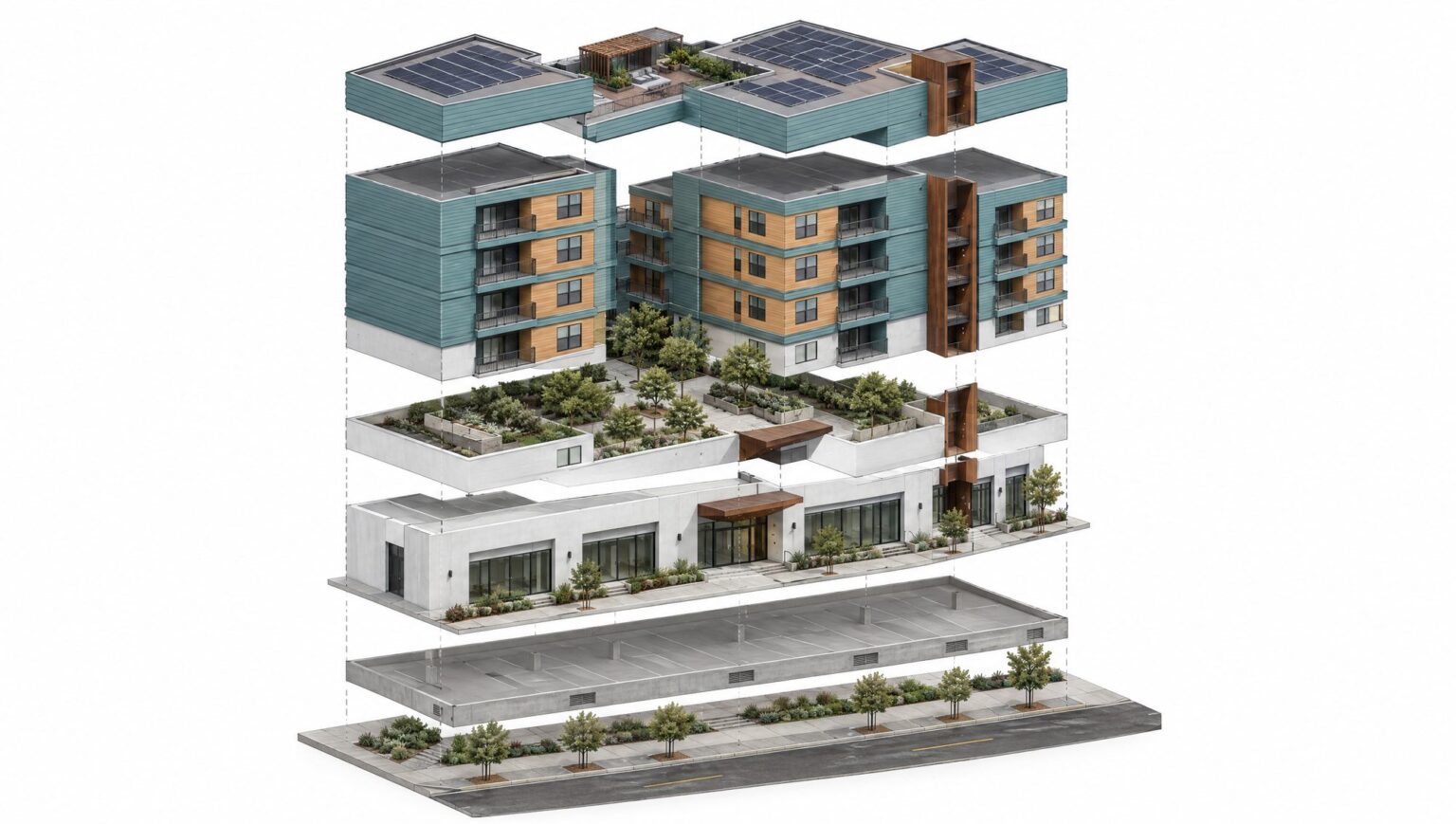 Exploded axonometric of Courtyard 55