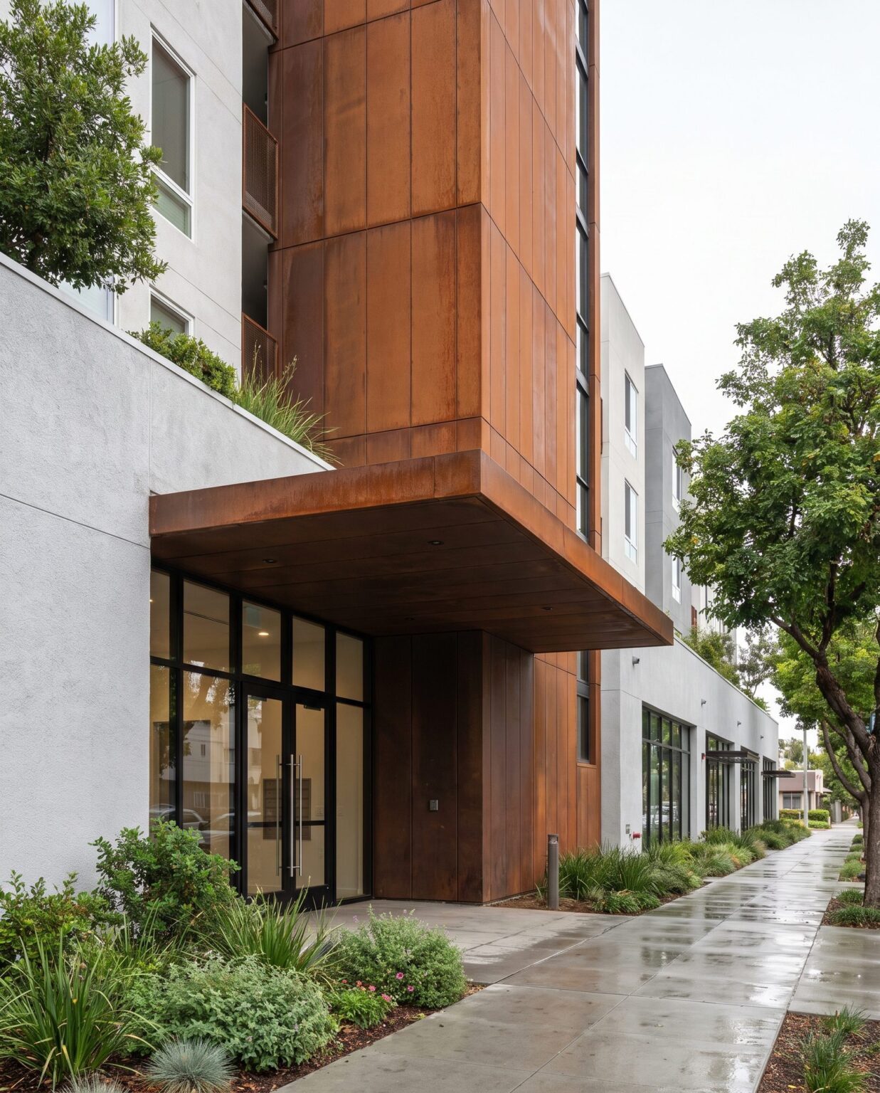 Street entry with retail and the residential lobby