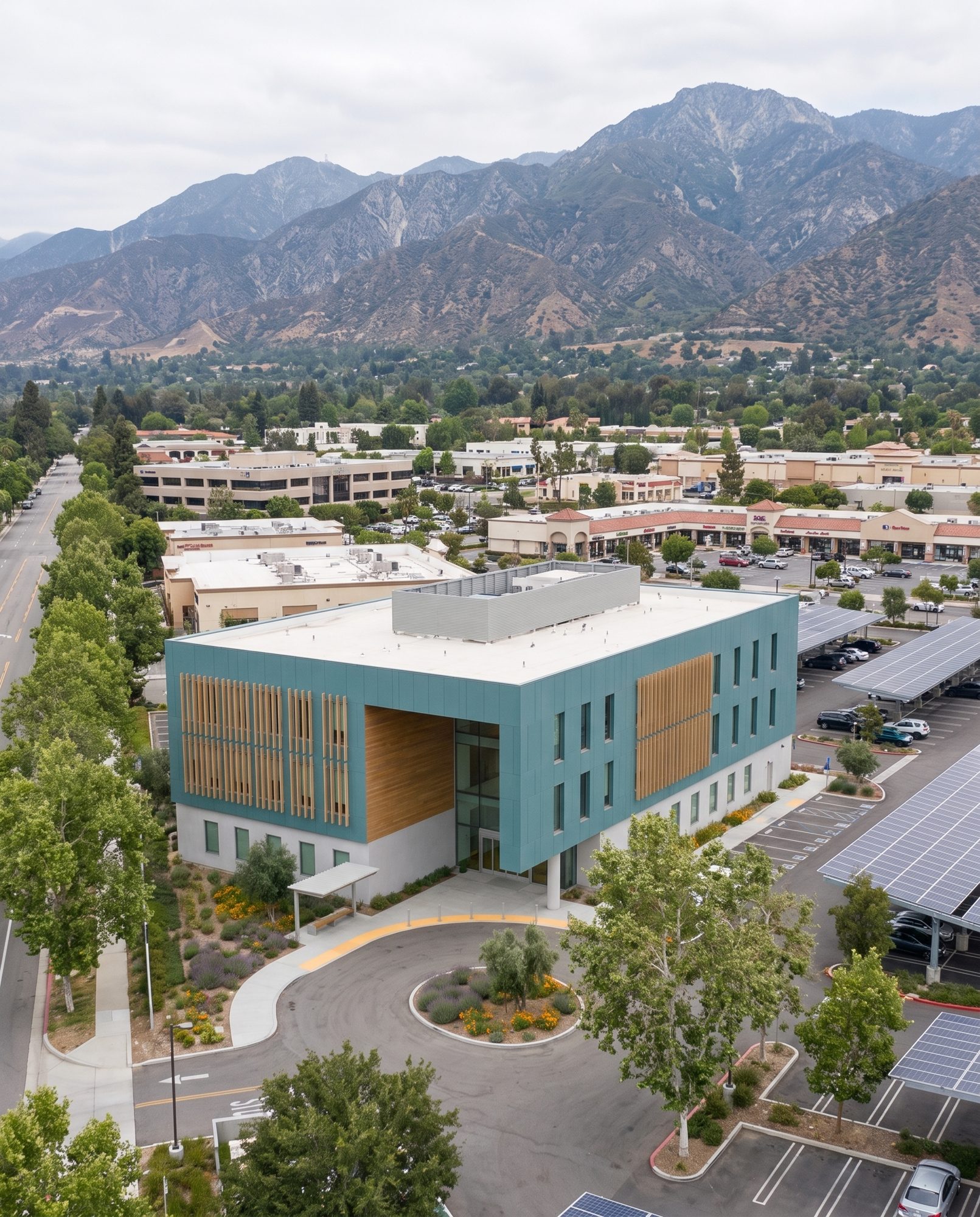 Aerial view of the Arcadia medical office site with solar carports