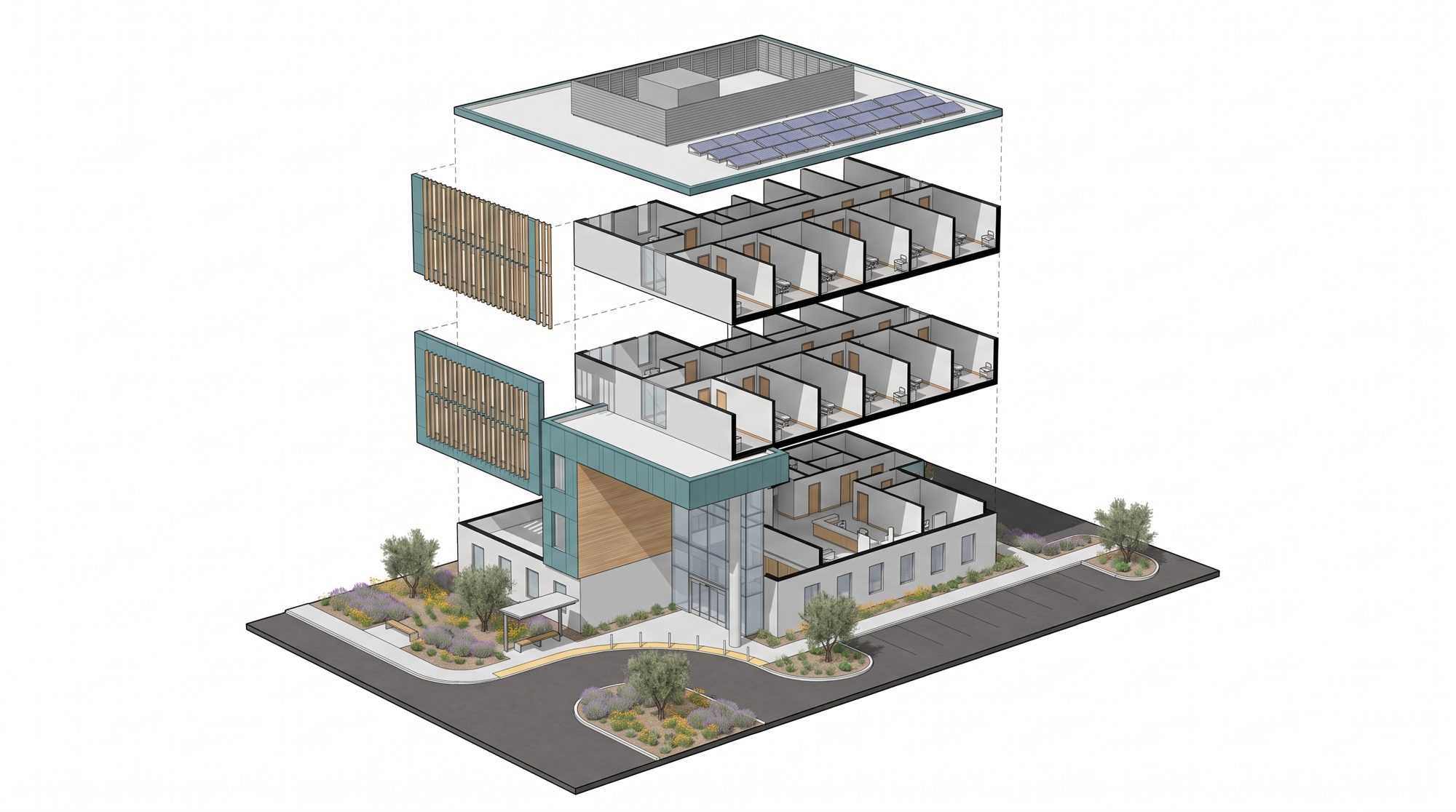 Exploded axonometric of the Arcadia medical office building
