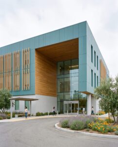 Arcadia outpatient medical office building, glass lobby under wood-lined canopy