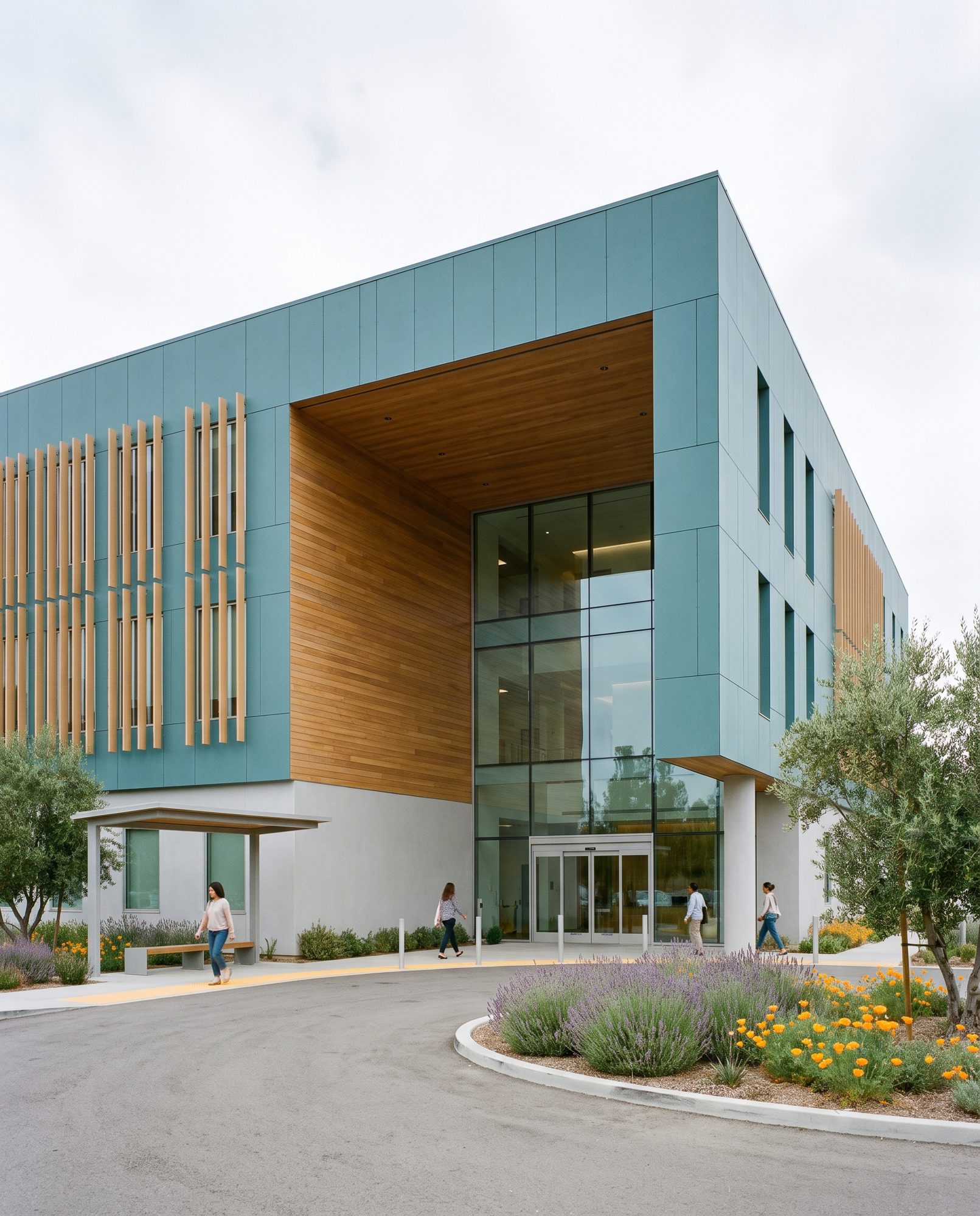 Arcadia outpatient medical office building, glass lobby under wood-lined canopy