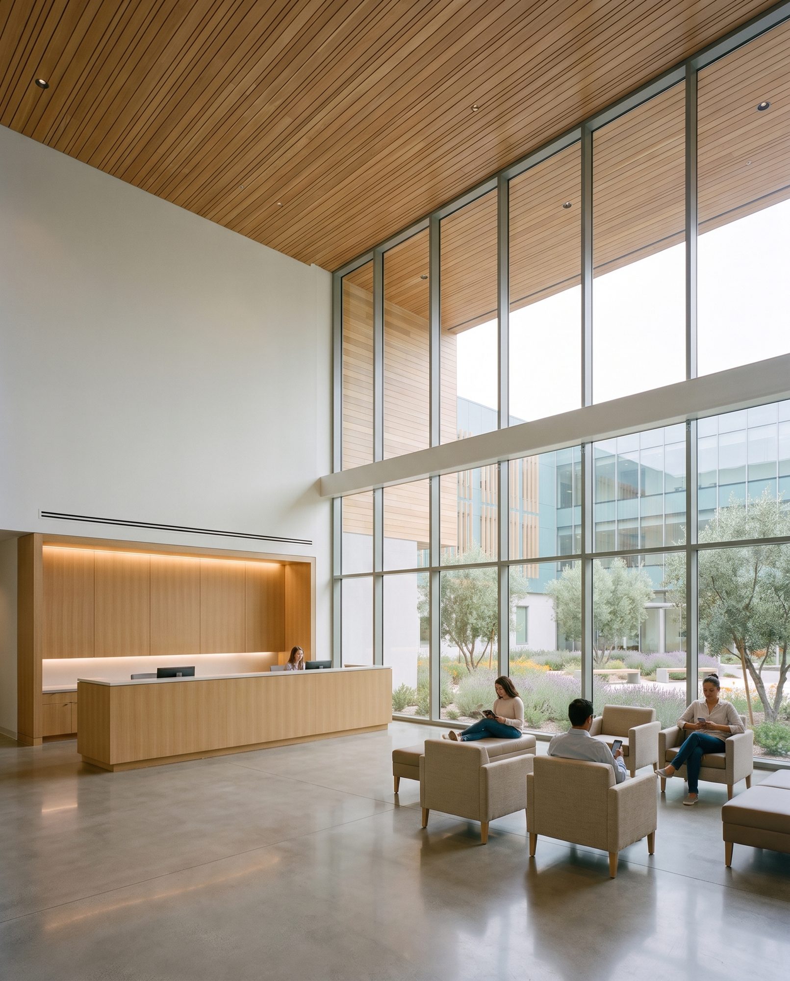 Double-height lobby with oak slat ceiling, Arcadia medical office