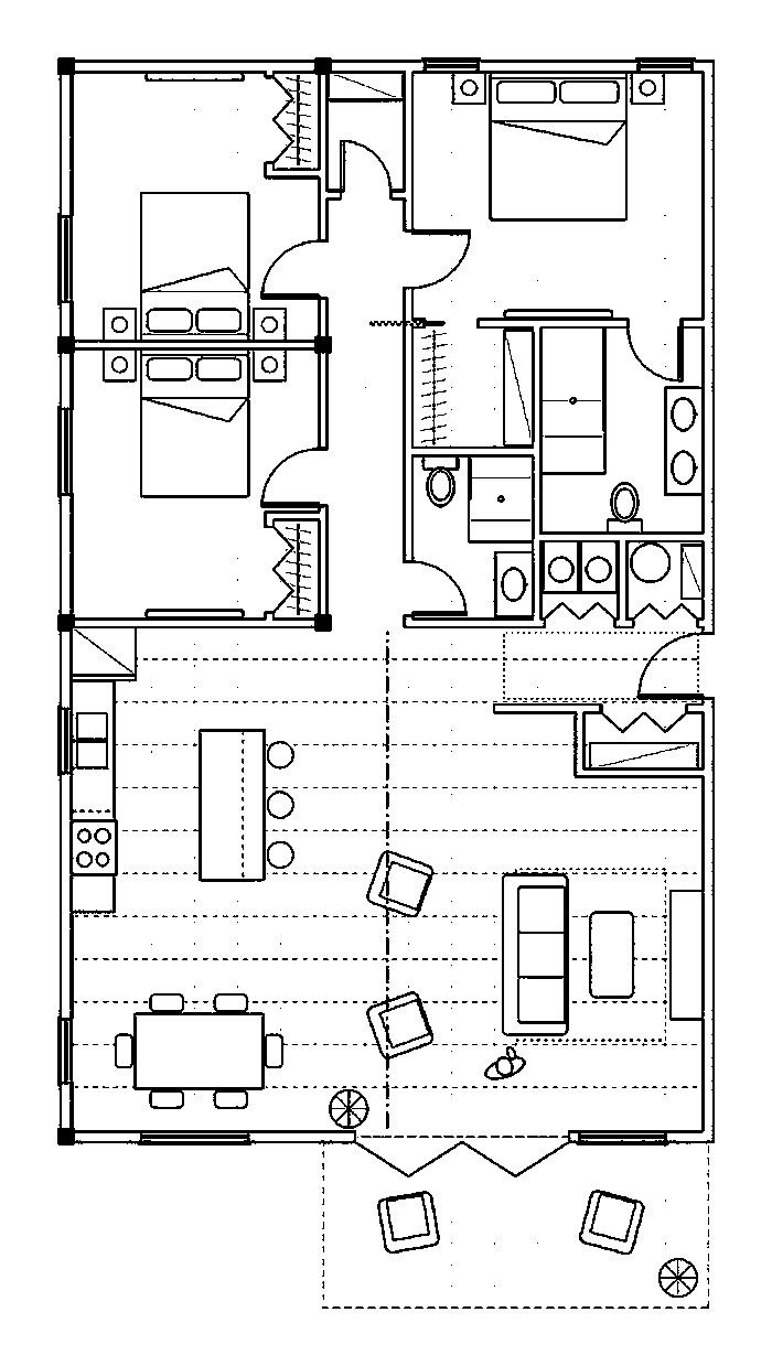 Floor plan of a three-bedroom small-lot home with an open kitchen, dining and living area