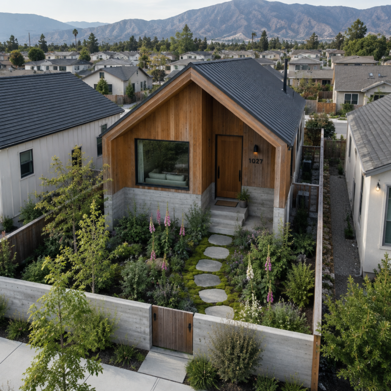 Aerial view of a narrow detached home with a gabled roof and planted front yard
