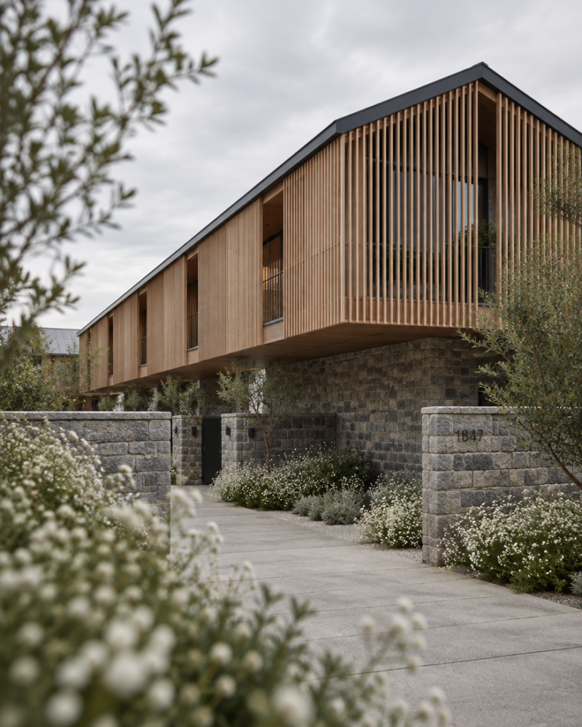 Wood-clad upper floor cantilevered over a stone garden wall along a shared drive