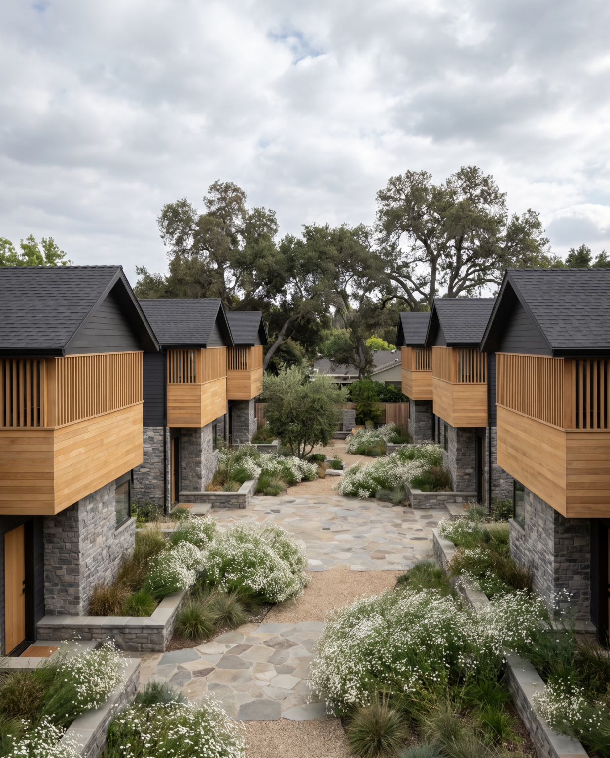 Six small homes facing a shared stone-paved garden courtyard, wood upper floors over stone bases